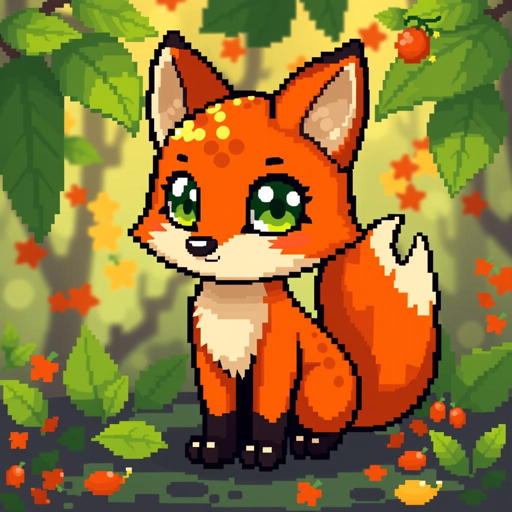 A cute pixel art fox that resembles a physalis fruit, featuring vibrant orange and green hues