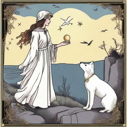 An image capturing The Fool Tarot card in the style of 'Practical Magic', where a thrilled witch stands on the brink of a cliff, a small white dog by her feet