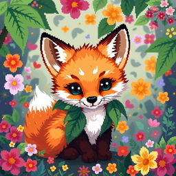 A pixel art illustration of a cute fox cub, adorned with leaves resembling the husk of a physalis fruit
