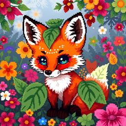 A pixel art illustration of a cute fox cub, adorned with leaves resembling the husk of a physalis fruit