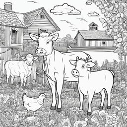 Black and white colouring book page featuring intricately detailed happy farm animals including a cow, chickens, a pig, and a sheep, with a barn in the background