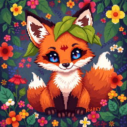 A pixel art illustration of a cute fox cub, adorned with leaves resembling the husk of a physalis fruit