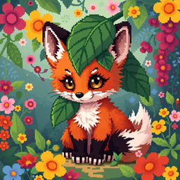 A pixel art illustration of a cute fox cub, adorned with leaves resembling the husk of a physalis fruit