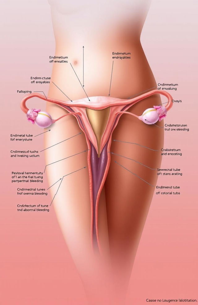 A detailed medical illustration showing the anatomy of the female reproductive system, focusing on the uterus, ovaries, and surrounding structures