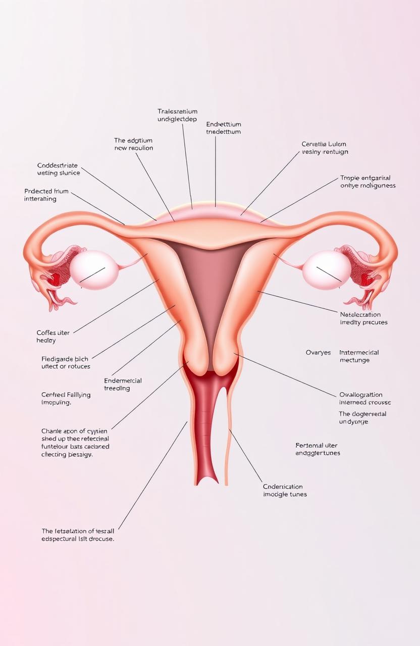 A detailed medical illustration showing the anatomy of the female reproductive system, focusing on the uterus, ovaries, and surrounding structures