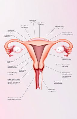 A detailed medical illustration showing the anatomy of the female reproductive system, focusing on the uterus, ovaries, and surrounding structures