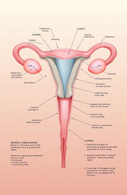 A detailed medical illustration showing the anatomy of the female reproductive system, focusing on the uterus, ovaries, and surrounding structures