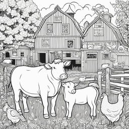 Black and white colouring book page featuring intricately detailed happy farm animals including a cow, chickens, a pig, and a sheep, with a barn in the background