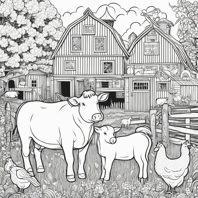 Black and white colouring book page featuring intricately detailed happy farm animals including a cow, chickens, a pig, and a sheep, with a barn in the background