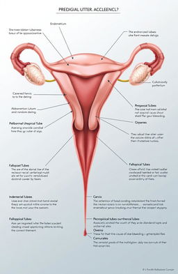 A detailed medical illustration showing the anatomy of the female reproductive system, focusing on the uterus, ovaries, and surrounding structures