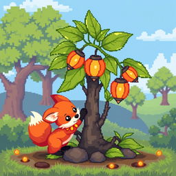 A cute physicalis with a fox cub, in a vibrant pixel art style