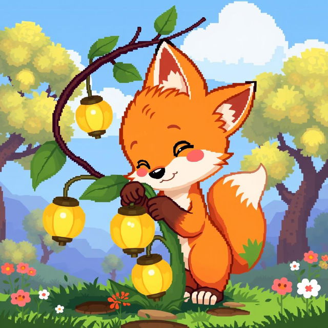 A cute physicalis with a fox cub, in a vibrant pixel art style