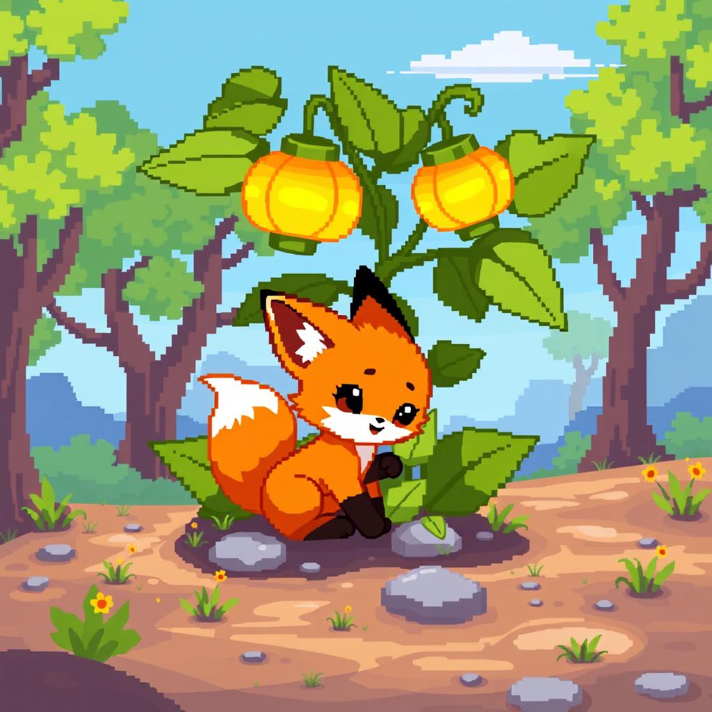 A cute physicalis with a fox cub, in a vibrant pixel art style