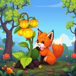 A cute physicalis with a fox cub, in a vibrant pixel art style