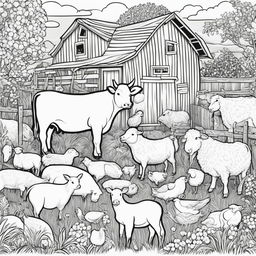 Black and white colouring book page featuring intricately detailed happy farm animals including a cow, chickens, a pig, and a sheep, with a barn in the background