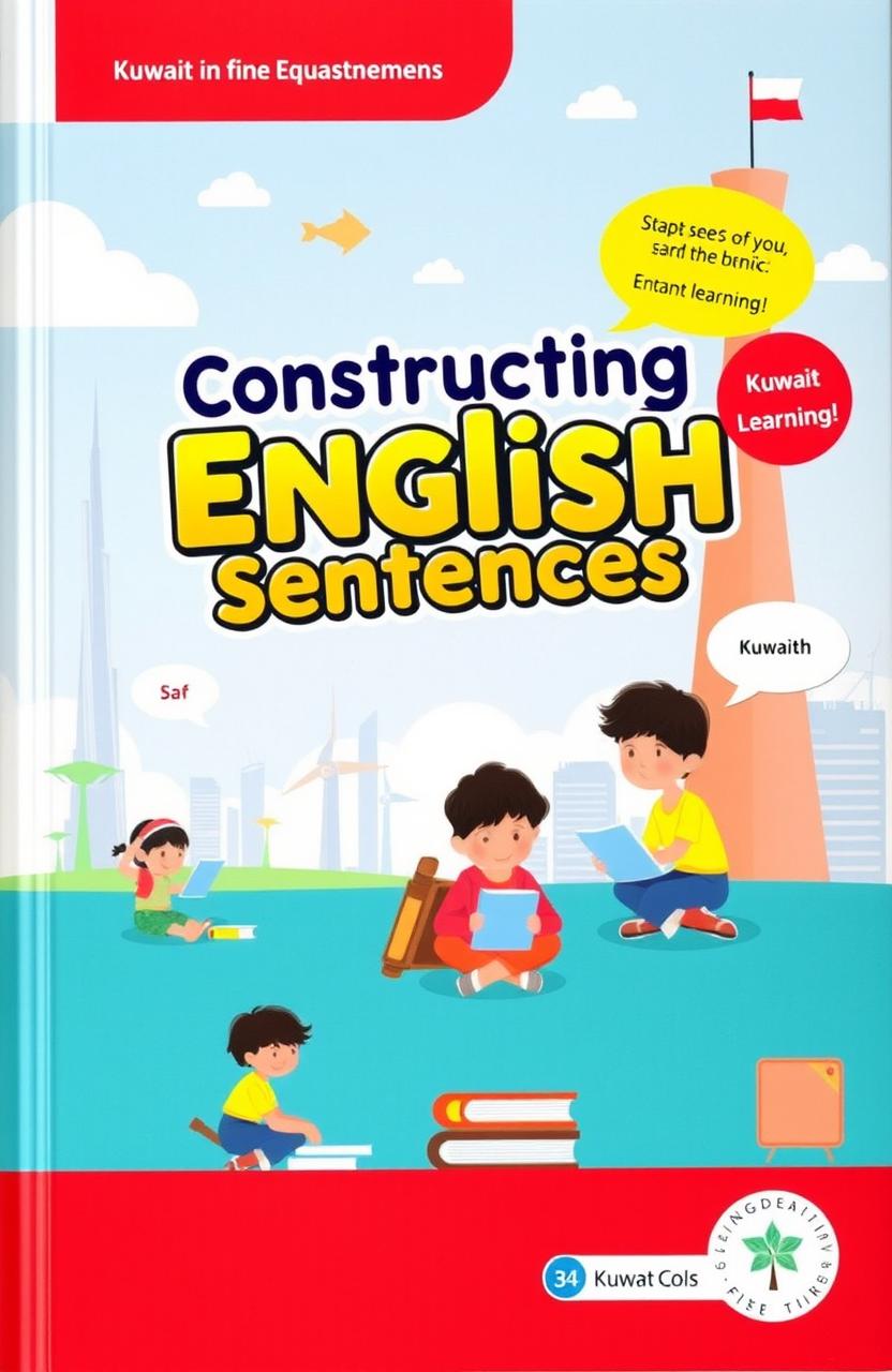 A vibrant and educational book cover designed for teaching students in Kuwait how to construct sentences in English