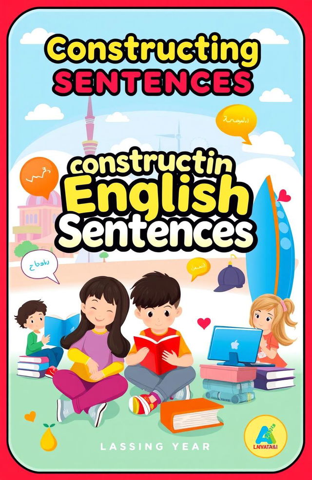 A vibrant and educational book cover designed for teaching students in Kuwait how to construct sentences in English