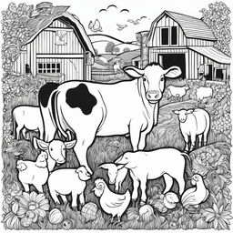 Black and white colouring book page featuring intricately detailed happy farm animals including a cow, chickens, a pig, and a sheep, with a barn in the background