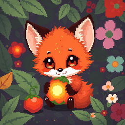 A cute pixel art depiction of a small fox with a vibrant physalis fruit