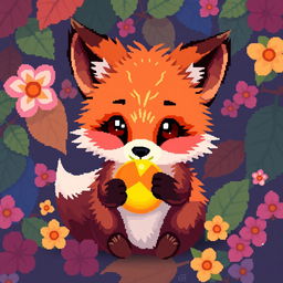 A cute pixel art depiction of a small fox with a vibrant physalis fruit