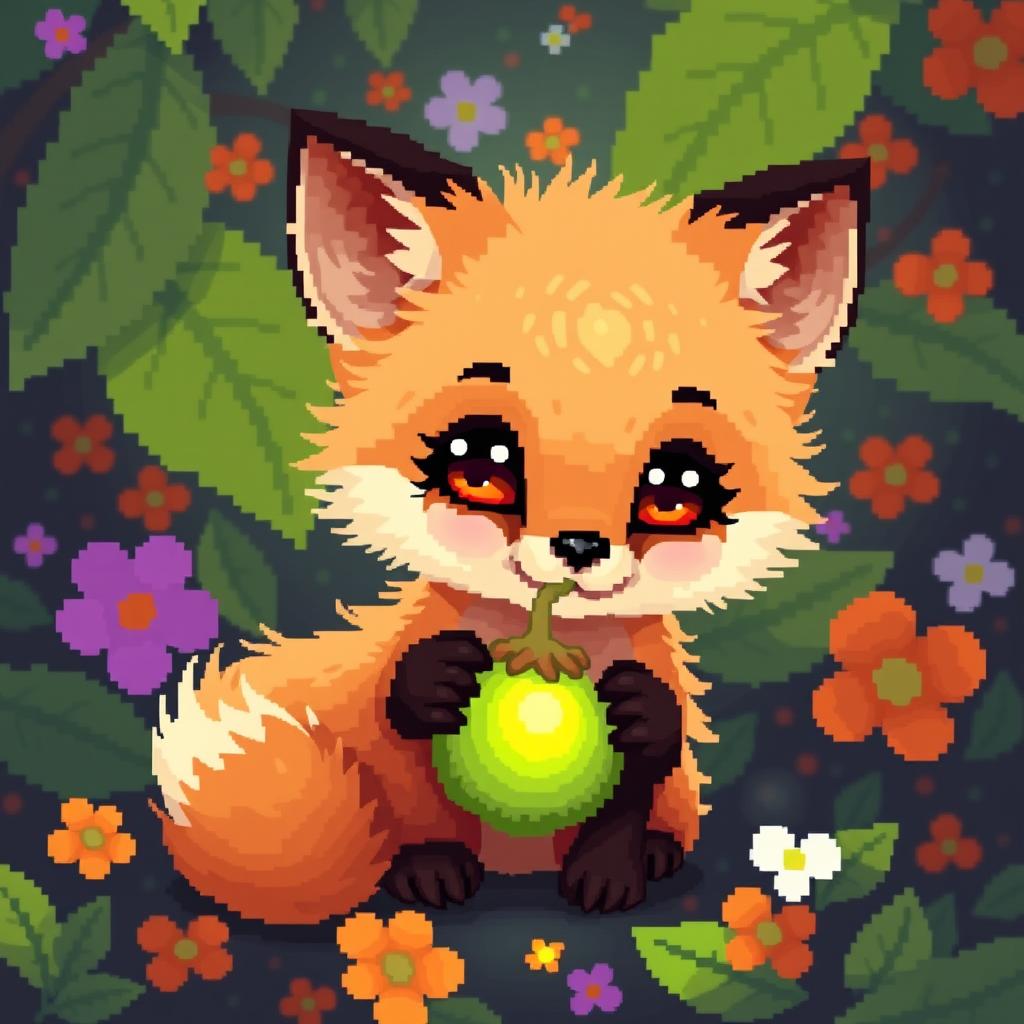 A cute pixel art depiction of a small fox with a vibrant physalis fruit