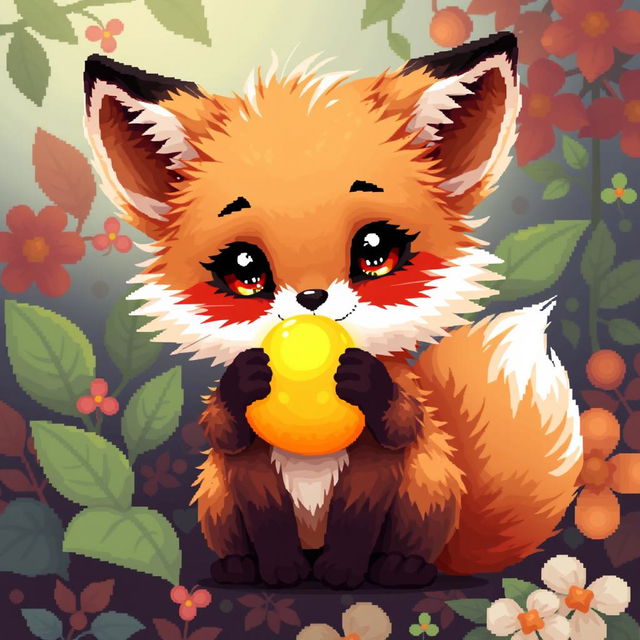 A cute pixel art depiction of a small fox with a vibrant physalis fruit