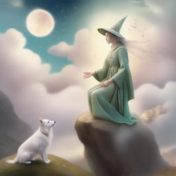 A dreamy rendition of The Fool Tarot card, showcasing a merry witch at the edge of a cliff accompanied by a small white dog at her feet