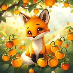 A whimsical illustration of a cute, playful fox with a bright, shiny coat sitting among vibrant physalis plants