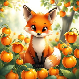 A whimsical illustration of a cute, playful fox with a bright, shiny coat sitting among vibrant physalis plants