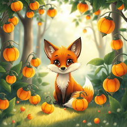 A whimsical illustration of a cute, playful fox with a bright, shiny coat sitting among vibrant physalis plants