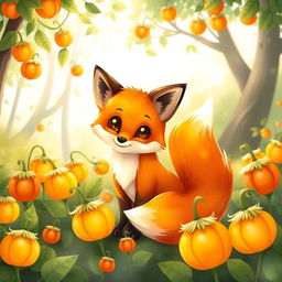 A whimsical illustration of a cute, playful fox with a bright, shiny coat sitting among vibrant physalis plants