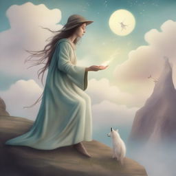 A dreamy rendition of The Fool Tarot card, showcasing a merry witch at the edge of a cliff accompanied by a small white dog at her feet