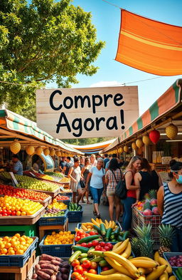 Uma imagem vibrante de um mercado ao ar livre com barracas coloridas, repletas de frutas frescas e vegetais coloridos, pessoas sorrindo, interagindo, com destaque para uma placa chamativa dizendo 'Compre Agora!' em letras grandes e amigáveis