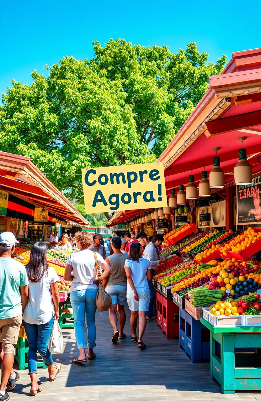 Uma imagem vibrante de um mercado ao ar livre com barracas coloridas, repletas de frutas frescas e vegetais coloridos, pessoas sorrindo, interagindo, com destaque para uma placa chamativa dizendo 'Compre Agora!' em letras grandes e amigáveis