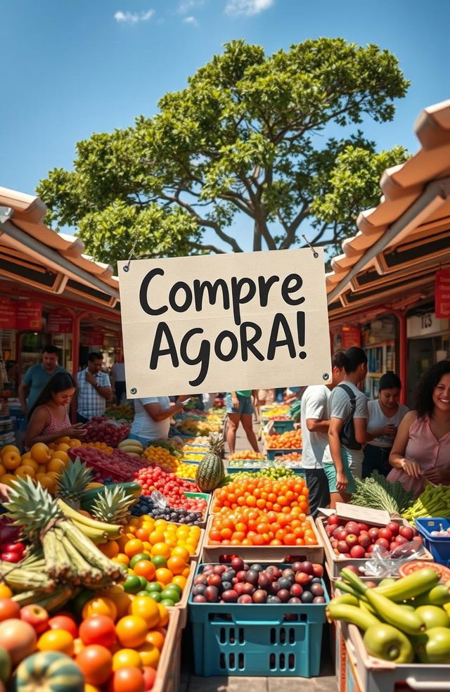 Uma imagem vibrante de um mercado ao ar livre com barracas coloridas, repletas de frutas frescas e vegetais coloridos, pessoas sorrindo, interagindo, com destaque para uma placa chamativa dizendo 'Compre Agora!' em letras grandes e amigáveis