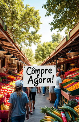 Uma imagem vibrante de um mercado ao ar livre com barracas coloridas, repletas de frutas frescas e vegetais coloridos, pessoas sorrindo, interagindo, com destaque para uma placa chamativa dizendo 'Compre Agora!' em letras grandes e amigáveis