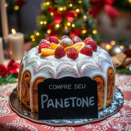 Uma imagem festiva de um panetone ricamente decorado, com frutas cristalizadas e uma cobertura de glacê brilhante, colocado em uma mesa com um fundo de decoração natalina