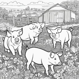 Black and white colouring book page featuring intricately detailed happy pigs on a farm, with a barn in the background.