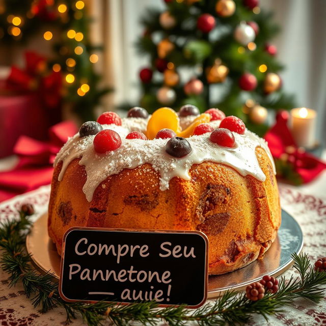 Uma imagem festiva de um panetone ricamente decorado, com frutas cristalizadas e uma cobertura de glacê brilhante, colocado em uma mesa com um fundo de decoração natalina