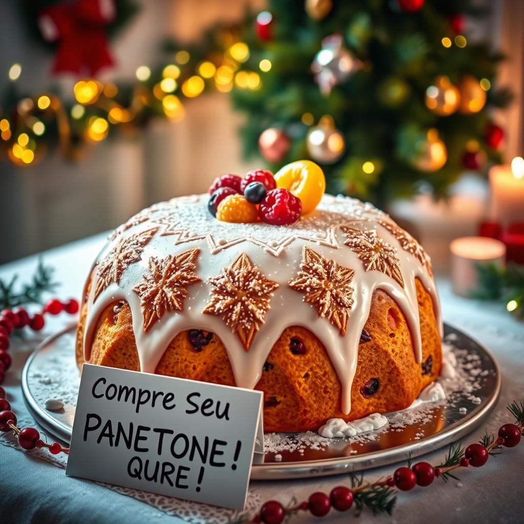 Uma imagem festiva de um panetone ricamente decorado, com frutas cristalizadas e uma cobertura de glacê brilhante, colocado em uma mesa com um fundo de decoração natalina