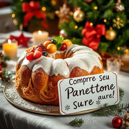 Uma imagem festiva de um panetone ricamente decorado, com frutas cristalizadas e uma cobertura de glacê brilhante, colocado em uma mesa com um fundo de decoração natalina