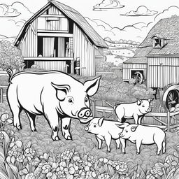 Black and white colouring book page featuring intricately detailed happy pigs on a farm, with a barn in the background.