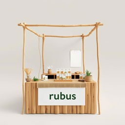 A simple, cozy, and eco-friendly small bazaar stand setup for a herbal cigarettes brand called rubus, designed with a blank space for adding the brand name later