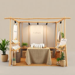 A simple, cozy, and eco-friendly small bazaar stand setup for a herbal cigarettes brand called rubus, designed with a blank space for adding the brand name later