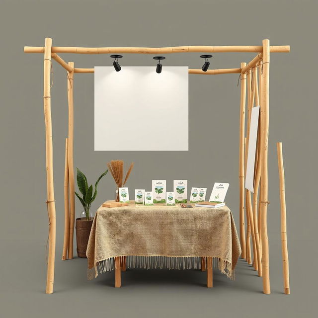 A simple, cozy, and eco-friendly small bazaar stand setup for a herbal cigarettes brand called rubus, designed with a blank space for adding the brand name later