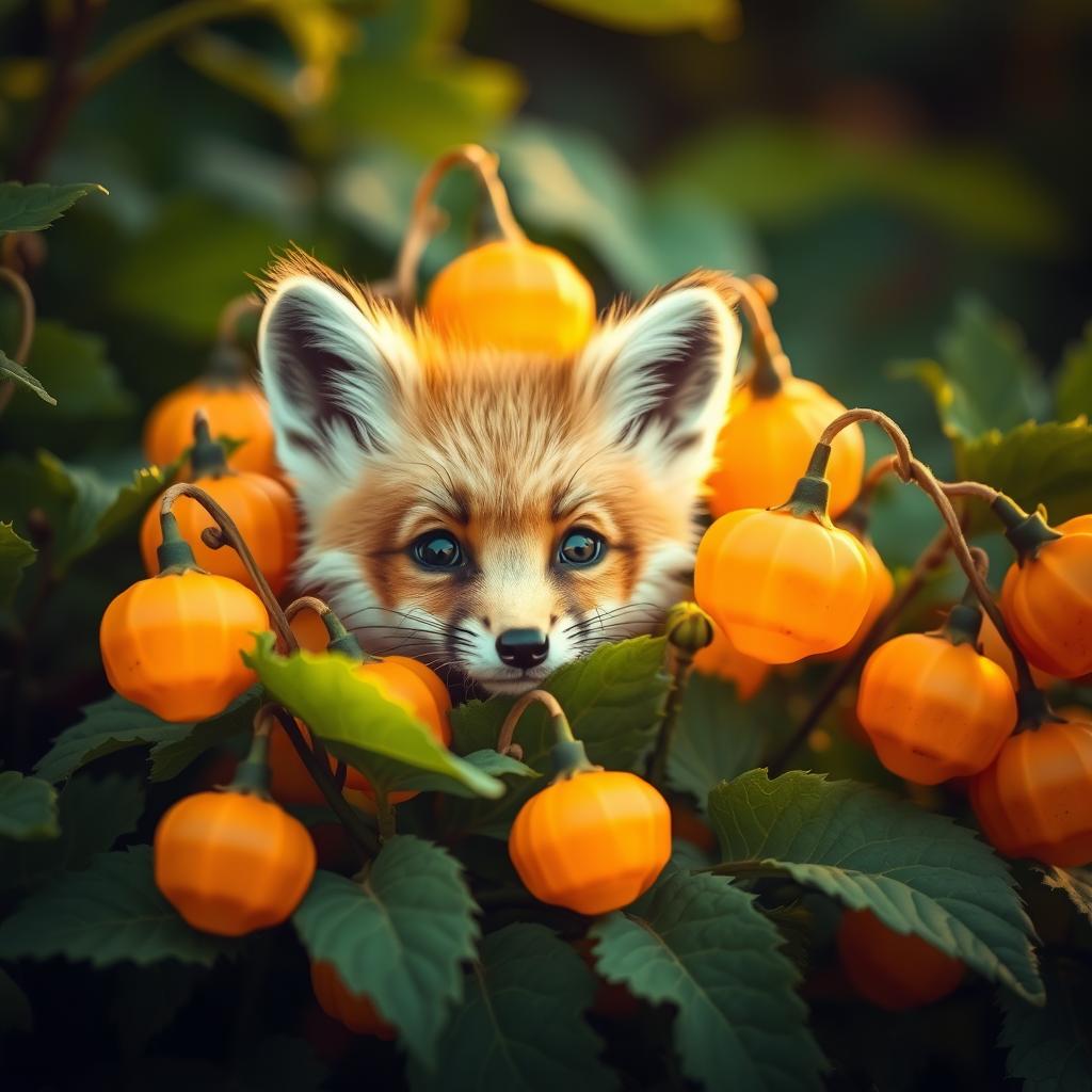 A cute little fox kit peering out from a vibrant cluster of Physalis plants, the lantern-shaped orange fruit glowing softly against a backdrop of lush green foliage