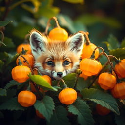 A cute little fox kit peering out from a vibrant cluster of Physalis plants, the lantern-shaped orange fruit glowing softly against a backdrop of lush green foliage