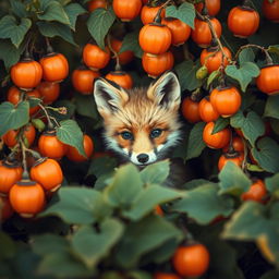 A cute little fox kit peering out from a vibrant cluster of Physalis plants, the lantern-shaped orange fruit glowing softly against a backdrop of lush green foliage