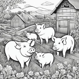 Black and white colouring book page featuring intricately detailed happy pigs on a farm, with a barn in the background.