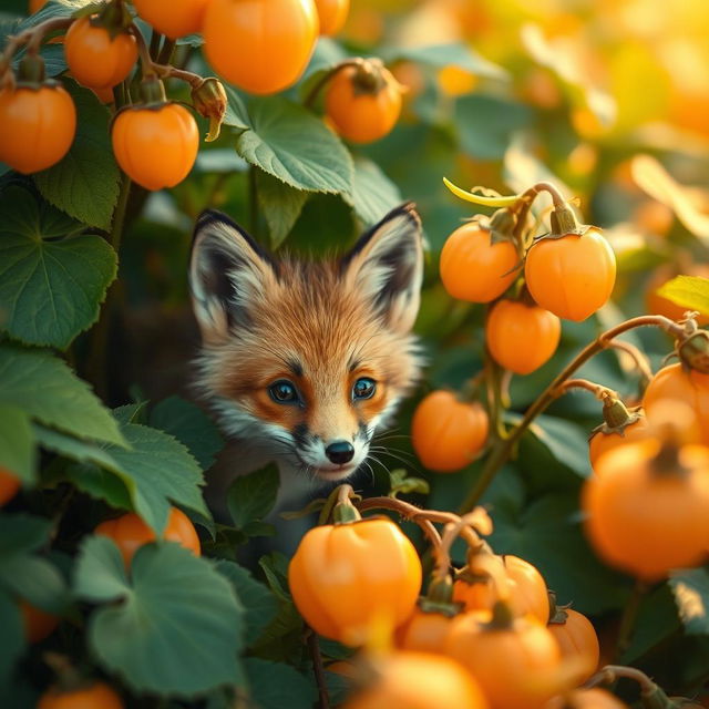 A cute little fox kit peering out from a vibrant cluster of Physalis plants, the lantern-shaped orange fruit glowing softly against a backdrop of lush green foliage